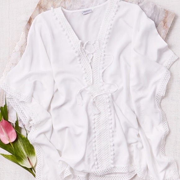 Bindya Coverup in White with Front Ties and Pom Pom Trim. One size. NWOT. - Picture 2 of 6